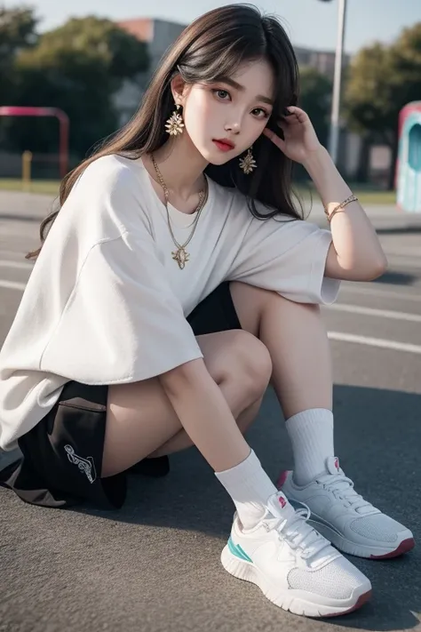 realism: 1.3, masterpiece, best quality, high resolution, detail: 1.2, 1 girl, Hairpin, Pretty Face, Exquisite eyes, Tassel Earrings, necklace,aesthetics, light, Ray Tracing, Depth of Field, Layering, Flutter, playground，Sportswear，White shoes，Black socks