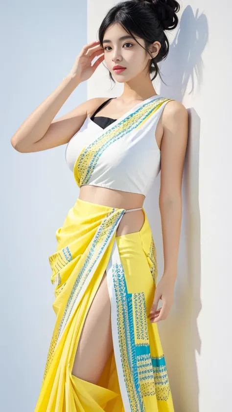  Create a digital illustration of a 19-year-old AI influencer girl with a beautiful face and black eyes, ((very Big breasts 1.9)), ultra huge breast, dressed in a stylish Georgette Printed yellow Saree With white Blouse Piece dress. She should have a detai...