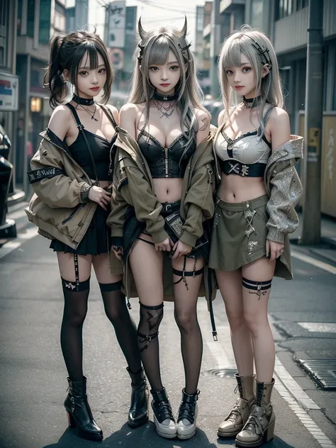 (three girls, 3 girls:1.5)、(smiling with teeth showing:1.3),(shibuya gal:1.5)、(beautiful gravure model:1.5)、(neo-goth fashion:1....