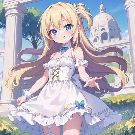 ultra detail,best quality,masterpiece, 1girl,chibi ,standing ,happy, blonde hair, blue eyes, qhly