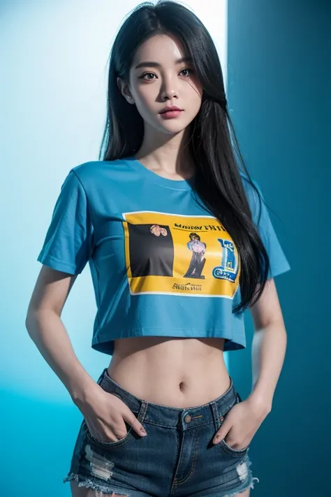 สาวเกาหลีสุดสวยwatchเหมือนภาพวาด 4 มิติ,(watch), I parted ways directly., My hair is great., Ideal , Blue cropped t-shirt with printed message., shorts, stand (window background), bright colors, studio lights, gentle fire, The light is dim., 3D animation