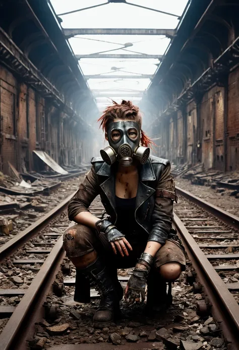 Create a diagonal and faithful image of a sad girl in torn clothes and dirty 18 year old Madmax style leaning against the side of a long rusty and dirty subway train with METAL spikes around it underground, she is wearing an old gas mask, armored train and...