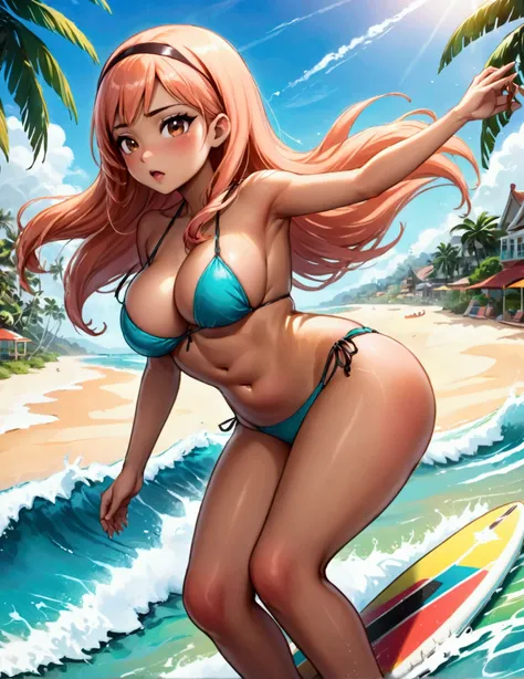 A Malaysian woman (age 40, busty, big butt, hourglass figure, tiny bikini, peach hijab no hair showing), riding a surf board, coast, riding a surf board, show her from head to toe
