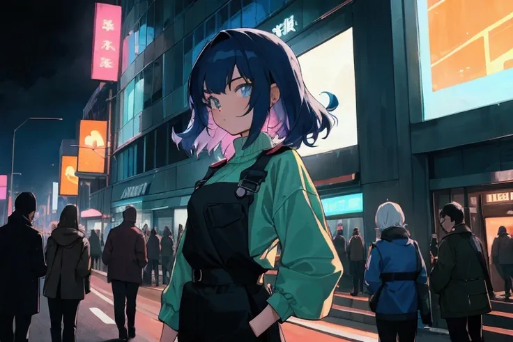 An 18-year-old girl is standing in a lively nighttime street, wearing an 80s-style top and bottom. The sky is dark. In the background, there are illuminated signs and streetlights, as well as a crowd of people. The style is pop and anime-inspired. The shot...