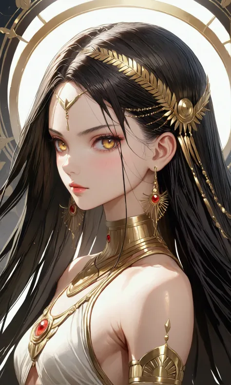 A girl with long black hair, golden eyes, fair skin tone, slender and athletic built, warrior, detailed hair, detailed body, best quality, aesthetic,8k,realistic