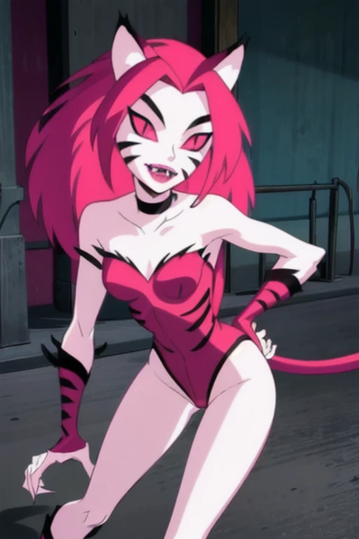 NyaNya,   1girl, solo, pink eyes, pink hair, pink skin, long hair, cat ears, pink sclera, cat tail, claws,  slit pupils, pink lips, whisker markings, pink bodysuit, fangs, bare shoulders, choker,pink bodysuit, tight leggings, gloves 