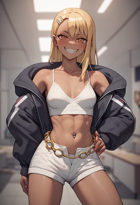 score_9, score_8_up, score_7_up, 1girl, standing, nagatoro hayase, solo , anime, blonde hair, hair clip, grin smile, tan, dark-skinned female, hadegalchainbelt, large o-rings, chain-belt, black cropped jacket, light green camisole, white shorts, navel pier...