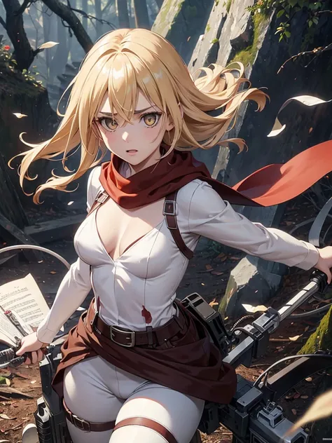 Historia, small breasts, , belt, thigh strap, red scarf, white pants, brown jacket, holding weapon, sword, dual wielding, three-dimensional maneuver gear, damaged cloths, blood in face , in the deep forest, in the battle field, stunning innocent symmetry f...