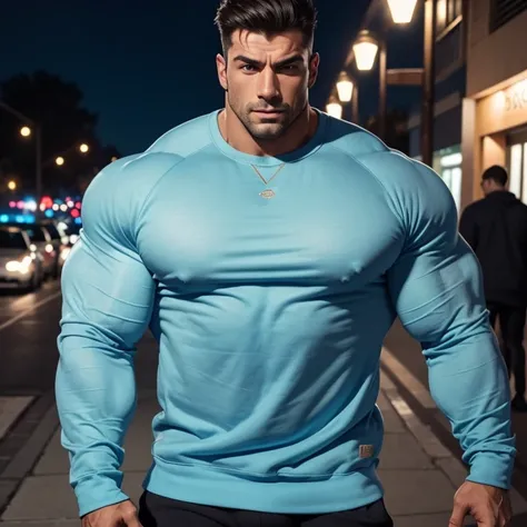 a very handsome, massively muscular man, with massively large muscles, with massively large biceps, with massively large arms, wearing a simple light blue sweatshirt with long sleeves, on a sidewalk full of men at night