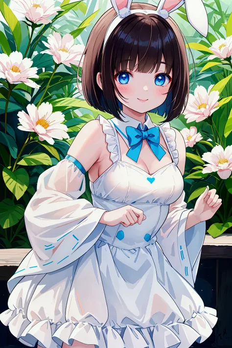 Photorealistic、Highest quality、Highest Resolution、Highest quality、８Ｋ、1人の美しいBunny girl、Cute face、Bob cut hair、Dark Hair Color、Pale blue eyes、Beautiful breasts、Bunny girl、smile、