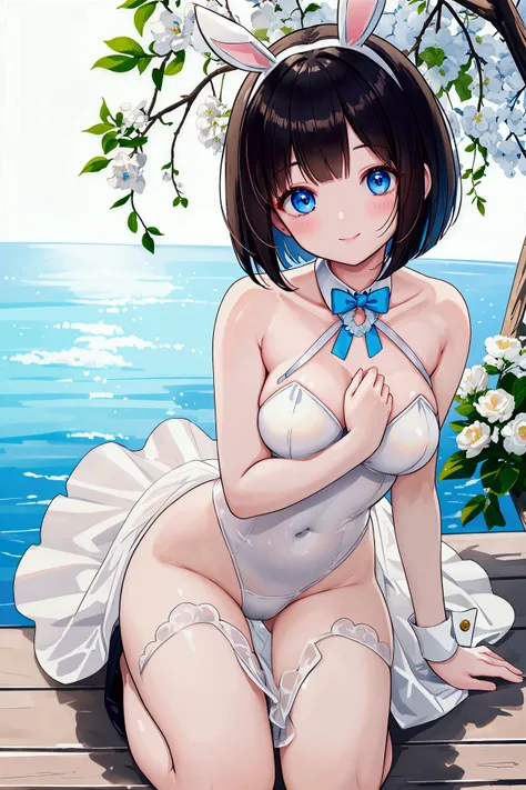 Photorealistic、Highest quality、Highest Resolution、Highest quality、８Ｋ、One beautiful woman、Cute face、Bob cut hair、Dark Hair Color、Pale blue eyes、Beautiful breasts、Bunny girl、whole body、smile、