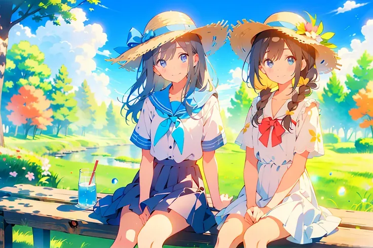 Masterpiece、highest quality、A grassland with blue skies、summer、Sitting on a bench、（One girl）、One girl、Wearing a straw hat、Smile with your mouth closed、summer服、Blowing bubbles