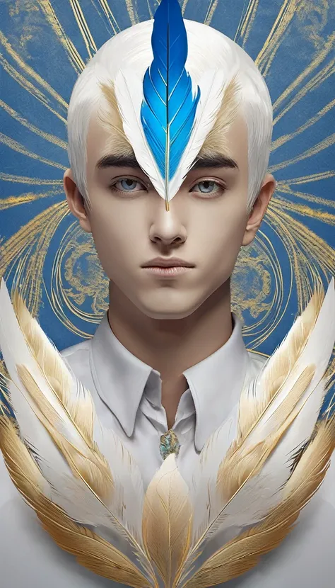 White-blue-golden logo design of a face with a feather for the brand “Penamemoria". Make the logo minimalistic, fantastic, memorable, that conveys a sense of storytelling and stories. Minimalistic logo of a boy´s face with a unique, special feather in the ...