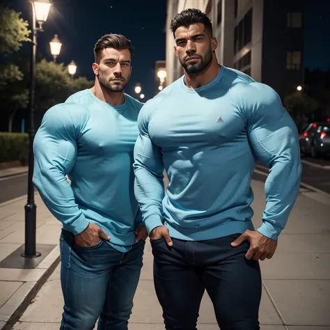 two very handsome men, massively muscular, with massively large muscles, with massively large biceps, with massively large arms, wearing a simple light blue sweatshirt with long sleeves, on a sidewalk at night