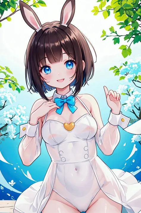 Photorealistic、Highest quality、Highest Resolution、Highest quality、８Ｋ、1人の美しいBunny girl、Cute face、Bob cut hair、Dark Hair Color、Pale blue eyes、Beautiful breasts、Bunny girl、smile、