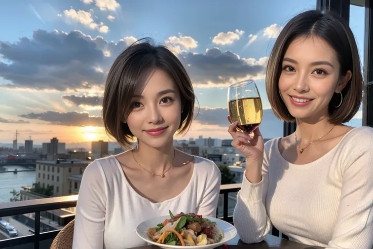 （Realistic:1.1）,(masterpiece,Highest quality)，8k,(49 years old), 53 years old, ベリーslimボディ、slimカップル、Tight waist,Upper Body,full-course dinner、wine 、Amazing view of the sunset sky and clouds、Perfect Anatomy, Brown Hair, short hair,Random Hairstyles,((Highly ...