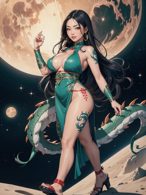 45-year-old Asian woman with curvaceous body hyper-realistic ultra-realistic in sensual position long hair black smile naughty look tender look Roman sandals walking galactic costume on the moon and with the sun on her back with red-green dragon tattoos al...