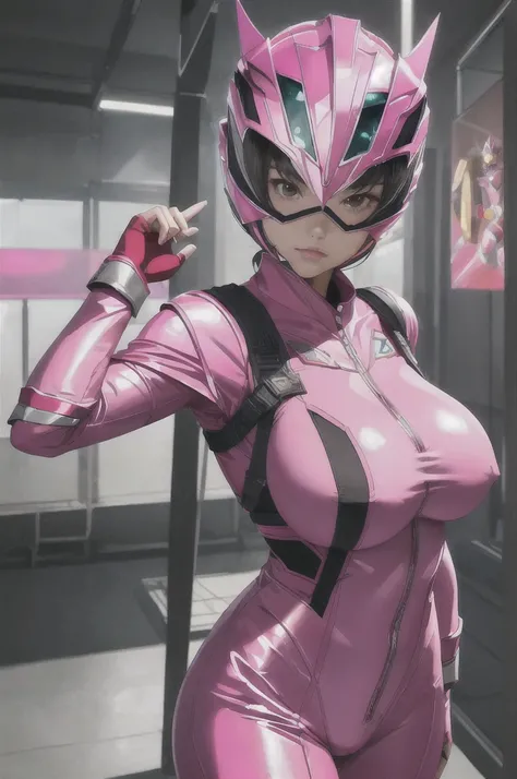 girl, 8k, Ultra-high resolution, Highest quality, masterpiece, Realistic, RAW images, perspective, Five Fingers, Written boundary depth, (pink power ranger costume), Huge breasts:1.4, Bodysuits, armor, (Super Sentai), Full Face Helmets, Pink Phoenix