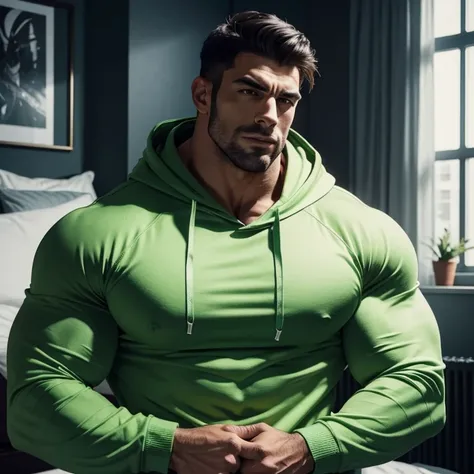 a very handsome, massively muscular man, with massively large muscles, with massively large biceps, with massively large arms, wearing a simple light green hoodie with long sleeves, lying on a bed in a dark room