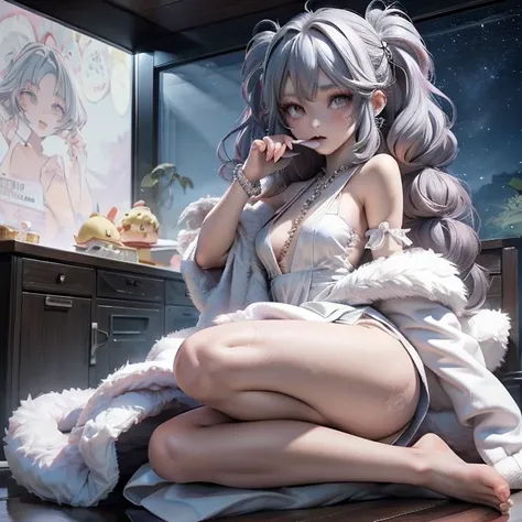 a close up of a anime cat girl streaming on the computers looking back eating a snack, anime moe artstyle, ahegao, long gray teal hair, curly hair, brown ayes, anime style 4 k, nightcore, official artwork, top rated on pixiv, anime wallaper, mikudayo, , pi...