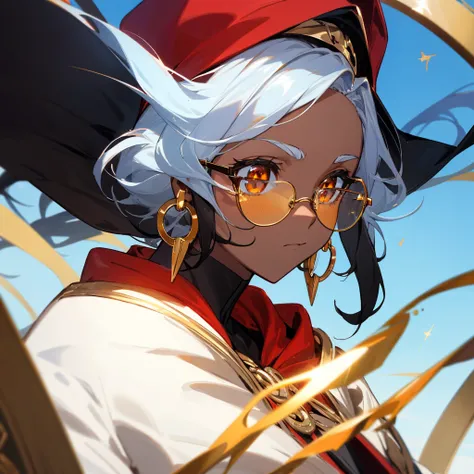 1feamle, dark skin, black afro, blue sky accents in hair, golden eyes, gold framed glasses, golden earrings, white and red hoodie, skyscape background, calm expression