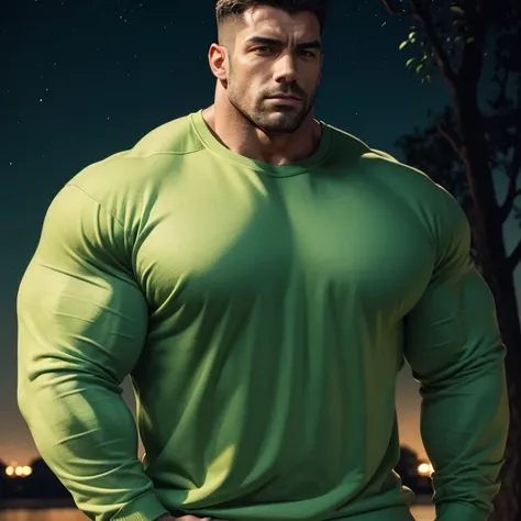 a very handsome man, massively muscular, with massively large muscles, with massively large biceps, with massively large arms, wearing a simple light green sweatshirt with long sleeves, standing next to a tree at night