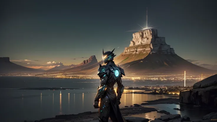 Create a digital art piece featuring a futuristic South African Jaeger standing dramatically in front of Table Mountain in Cape Town at night. The Jaeger is 400 meters tall, painted in green, gold, and black, mirroring the South African flag. The design is...