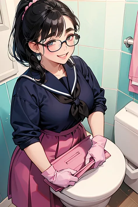 A chubby, freckled, glasses-wearing girl with black hair tied up, wearing a navy blue long-sleeved sailor uniform and smiling while wearing oversized pink rubber gloves, cleaning a toilet　Thick eyebrows　Long Skirt