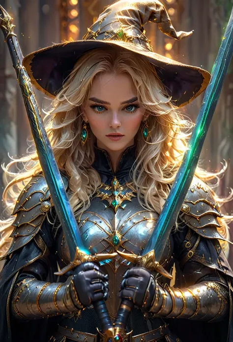 beautiful witch blonde girl and with two golden sharped sword with a beautiful blonde long flowing hair wearing a witch hat and ...