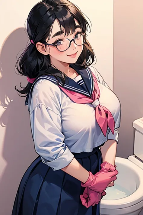 A chubby, freckled, glasses-wearing girl with black hair tied up, wearing a navy blue long-sleeved sailor uniform and smiling while wearing oversized pink rubber gloves, cleaning a toilet　Thick eyebrows　Long Skirt