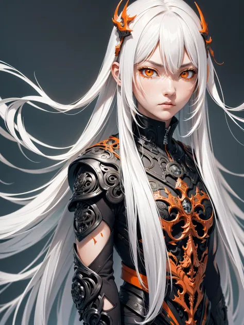 style of Tsutomu Nihei,(incredibly absurdres, (high resolution:1.18), intricate detail, (masterpiece:1.1), (highest quality:1.1), absurdres),(1girl, portrait, white hair, orange eyes, long hair, detailed eyes),