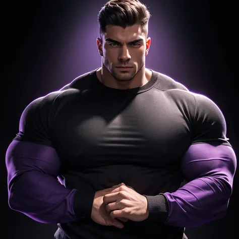 a very handsome young man, massively muscular, with massively large muscles, with massively large biceps, with massively large arms, wearing a simple black sweatshirt with long sleeves, on a black background with a purple light