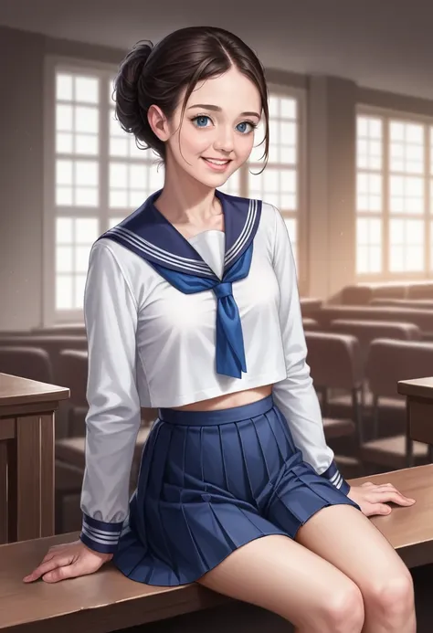 One Girl, (White shirt, Sailor , Navy blue pleated skirt:1.2), (13 years old:1.5), Young Face, Cute Face, (RAW Photos, Highest quality), (Realistic, Photorealistic:1.4), Tabletop, Sharp focus, Very delicate and beautiful, Very detailed, 2k wallpaper, wonde...