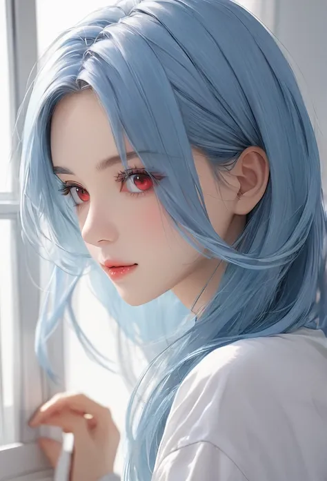 masterpiece , morning , close , beauty , Blue Hair , Parted bangs, Blue Hair/Light blue hair, Red eyes, Long Hair, 