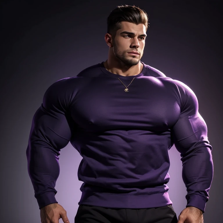 a very handsome young man, massively muscular, with massively large muscles, with massively large biceps, with massively large arms, wearing a simple purple sweatshirt with long sleeves, on a black background