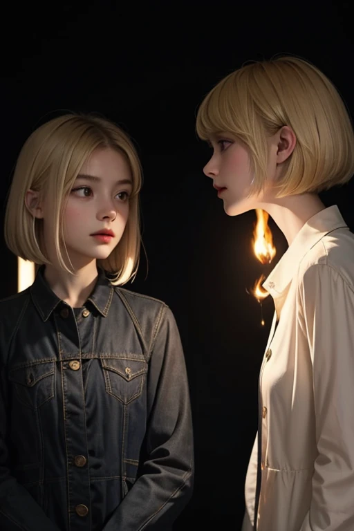 two girls. The first one is on the left, looks like light with reflections of fire, she stands on the side of light, in light clothes, she has blond short hair. The second one is on the right, looks like darkness, she stands on the side of darkness, in dar...