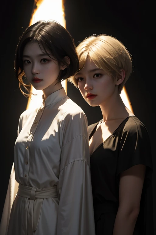 two girls. The first one is on the left, looks like light with reflections of fire, she stands on the side of light, in light clothes, she has blond short hair. The second one is on the right, looks like darkness, she stands on the side of darkness, in dar...