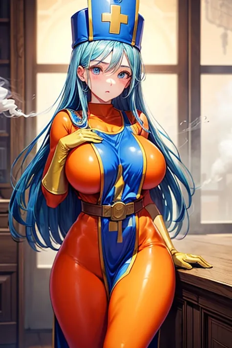 masterpiece, Highest quality,  Unreal Engine,  Super Resolution,  Very detailed, 

Beautiful woman, Dragon Quest Female Monk, long sky blue hair, Blue priest hat, (Orange bodysuit), Mitra, Tabard, Elbow-length gloves, Vivid expression, Healthy Body, Beauti...