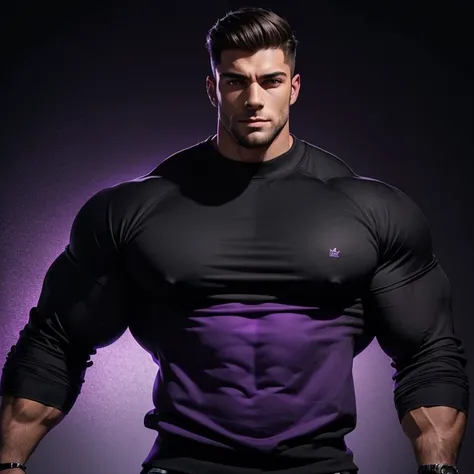 a very handsome young man, massively muscular, with massively large muscles, with massively large biceps, with massively large arms, wearing a simple black sweatshirt with purple long sleeves, on a black background with a purple light