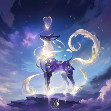 a celestial pokémon design with an elegant dog-like body, long tail and ears, glowing golden eyes, and the silhouette of another...