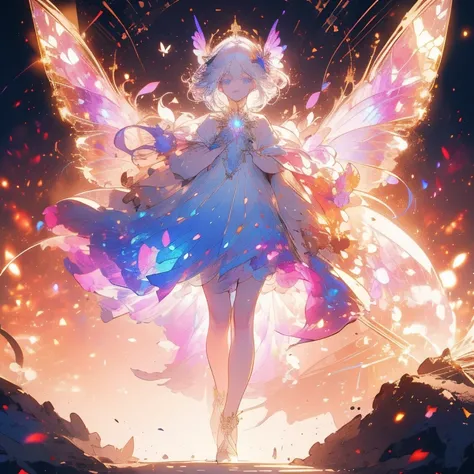 a beautiful (1girl) with colorful butterfly wings, white hair, detailed face, blue eyes,intricate butterfly wings,detailed wing patterns,detailed clothing,colorful butterfly wings,cinematic lighting,golden light particle, best detailed,masterpiece,ultra de...