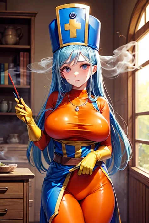 masterpiece, Highest quality,  Unreal Engine,  Super Resolution,  Very detailed, 

Beautiful woman, Dragon Quest Female Monk, long sky blue hair, Blue priest hat, (Orange bodysuit), Mitra, Tabard, Elbow-length gloves, Vivid expression, Healthy Body, Beauti...