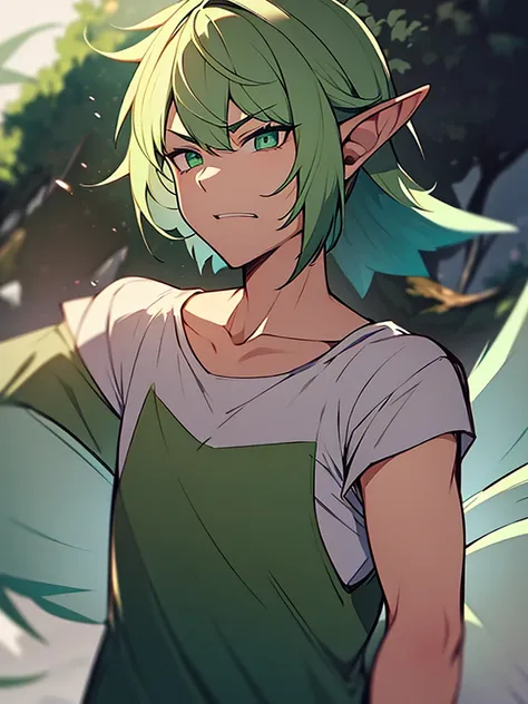 A man with very short white and green hair, with bangs parted in the middle, emerald eyes. wearing a white t-shirt, has elf ears, fairy winged,and was angry