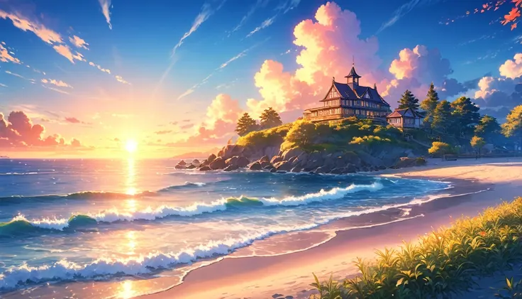 a beautiful serene sunset by the seaside park, calm waves, amazing scenery, anime style, detailed landscape, cinematic lighting, glowing sky, beautiful ocean, detailed foliage, detailed architecture, detailed clouds, beautiful colors, vibrant colors, intri...