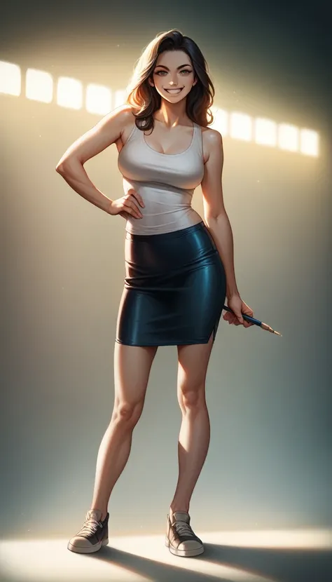 best quality, masterpiece, photo realistic, 8k, 4k, extreme res, ultra high res, dynamic lighting, real lighting, sophiadiamond, looking_at_viewer, smile, tank top, tight mini pencil skirt, full body