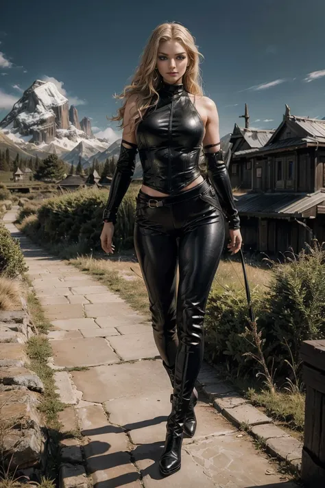 beautiful perfect shape young girl, Long, curly, blonde hair, Green eyes, Black leather long pants, Black boots, high definition, Ultra-spicy, 8K, masterpiece, onlooker, full frame photo, great scene, epic scenes, luna, fire, warrior, mountains, hero