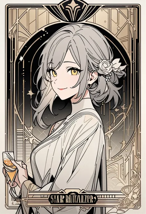 art deco, card, frames, vintage, art deco poster, high quality, female, stelle, stelle from star rail, female trailblazer, dress, formal, holding drink, beautiful face, cute face, grey hair, smiling, upper body, masterpiece, detailed, line art, straight li...