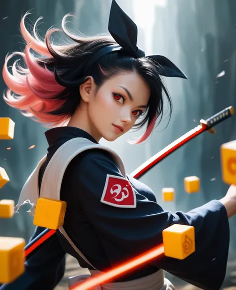 an anime girl with red eyes, black hair with pink highlights with a small hair bow with small blue and yellow cubes decorated on the bow, on the right side of the head. She wears a combat-torn .. He positions himself with his katana with a fierce gaze whil...