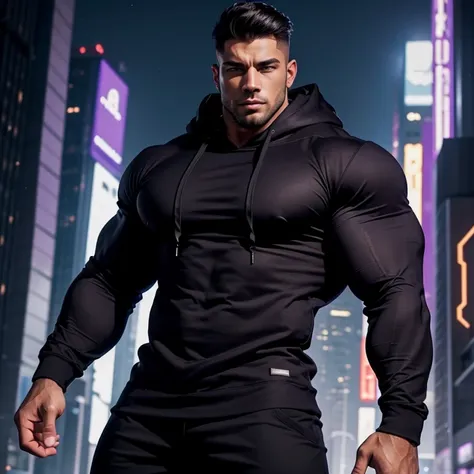 a very handsome young man, massively muscular, with massively large muscles, with massively large biceps, with massively large arms, wearing a simple black hoodie with long sleeves, in a futuristic city in purple and black colors