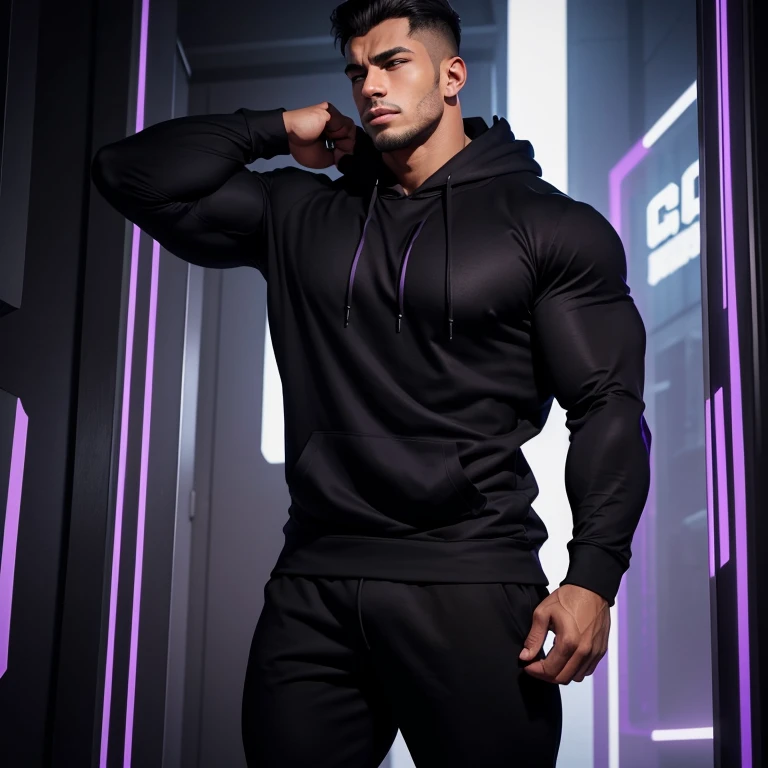 a very handsome young man, massively muscular, with massively large muscles, with massively large biceps, with massively large arms, wearing a simple black hoodie with long sleeves, in a futuristic city in purple and black colors